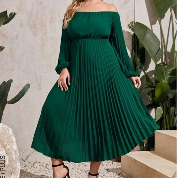 SHEIN | Dresses | Shein Plus Off Shoulder Lantern Sleeve Pleated Dress |  Poshmark